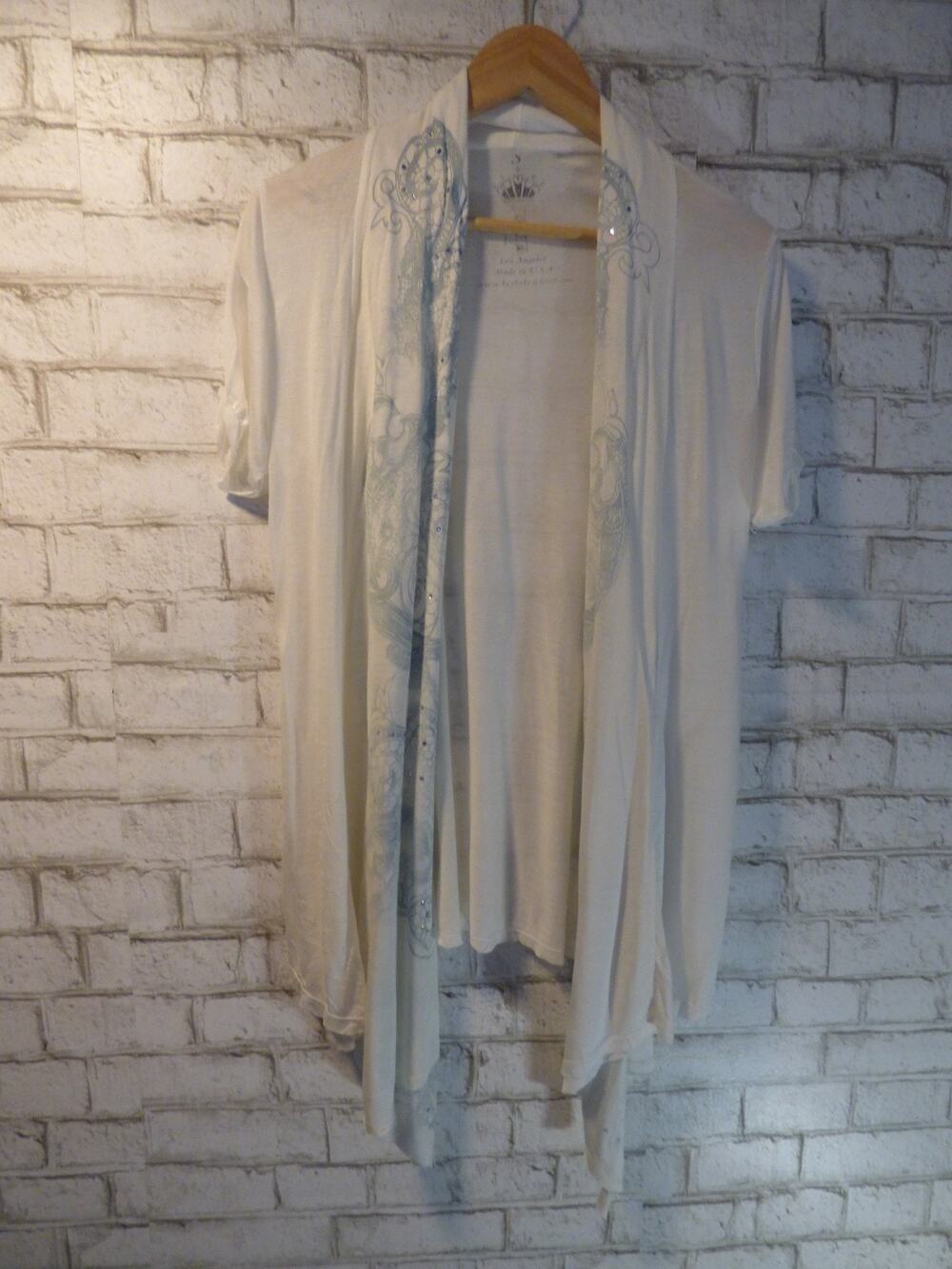 Key by Key Closet White Blue Rhinestone Thin Knit Modal Cardigan Small NEW